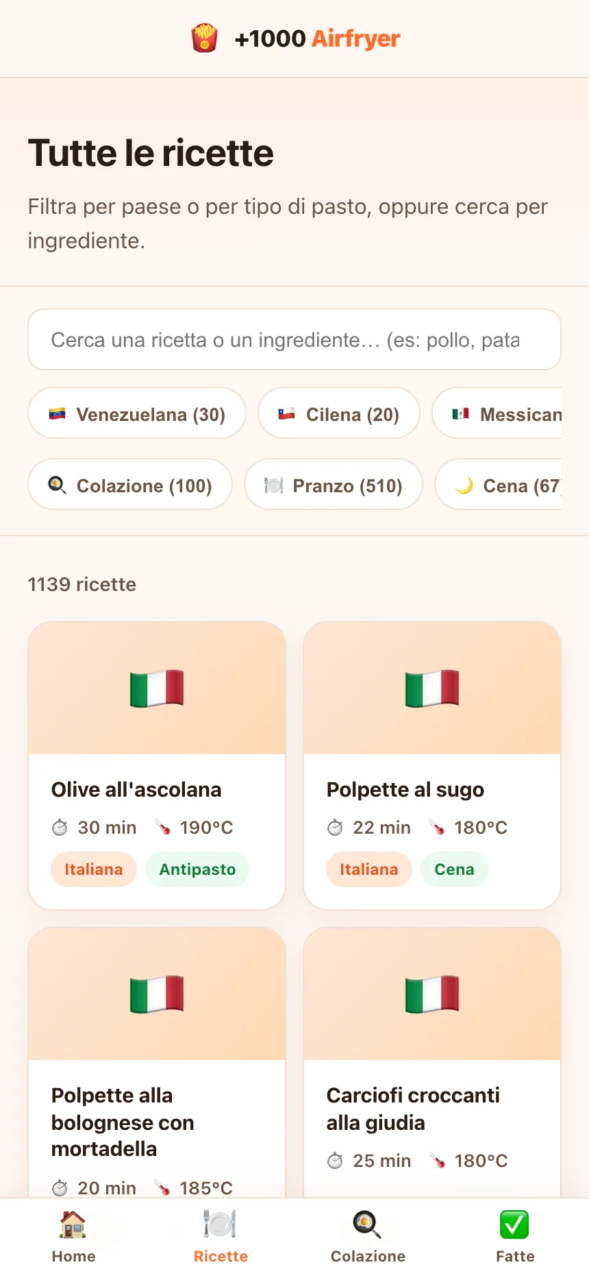 Lista de recetas con filtros por país y por tipo de comida