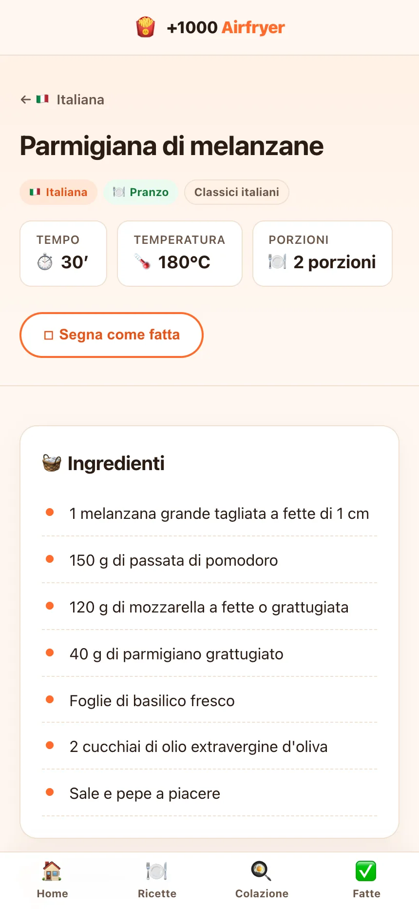 Ficha de receta con tiempo, temperatura, porciones e ingredientes