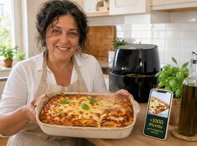 Chef Aurora con una lasaña recién hecha en la freidora de aire y el recetario en el teléfono